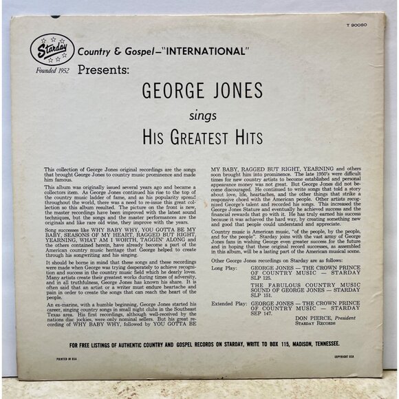 George Jones Sings His Greatest Hits LP Country Starday Mono T 90080 - Picture 5 of 6